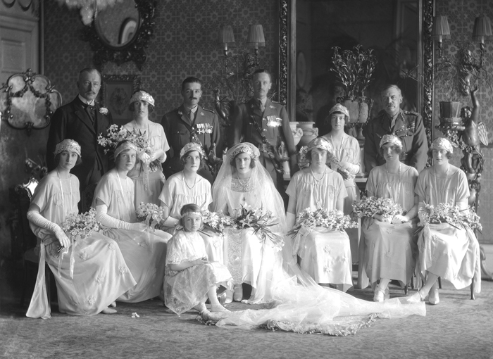 The marriage of Captain Alistair Richardson, 1st King's Dragoon Guards to Miss Forbes of Callendar. (Wedding group).
