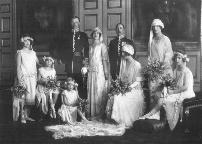 Group wedding portrait after the marriage of Princess Maud of Fife to Captain Lord Carnegie of the Scots Guards. 