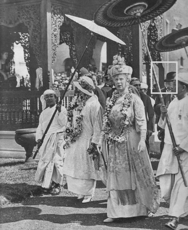 Queen Mary shows Queen Marie around the Indian Pavilion at the great Wembley Exhibition, 1924. Queen Mary wore a gown of palest silver-grey with a small swathed toque finished in the front with an upstanding mount. Queen Marie of Roumania looked very summery in white, a frock, hat, and shoes to match...and I was told that the garlands presented to the Royal party were composed of delicate orchids, sweet-scented lilies of the valley, and small white roses.