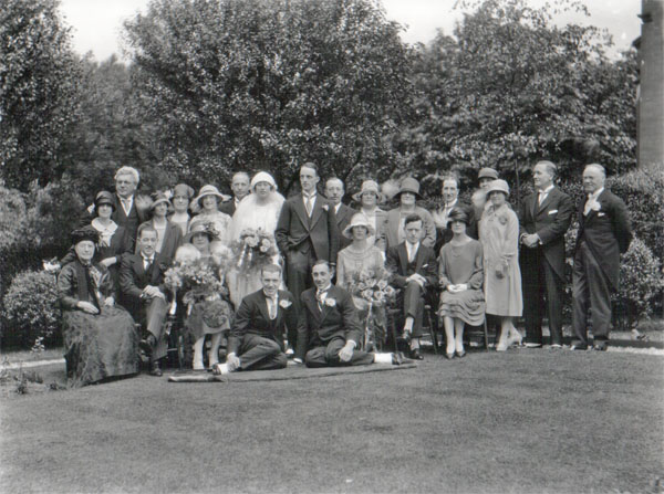 Mr and Mrs George Frederick Battle, wedding group with best man, bridesmaid and other guests. 